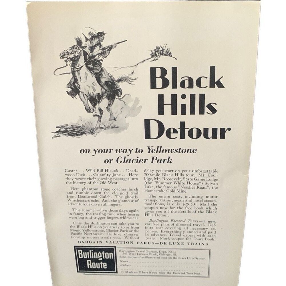 Vintage 1930 Burlington Route Black Hills Detour Ad Advertisement